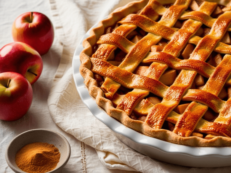 Classic apple pie with a woven top crust beside fresh apples and a small dish of cinnamon.