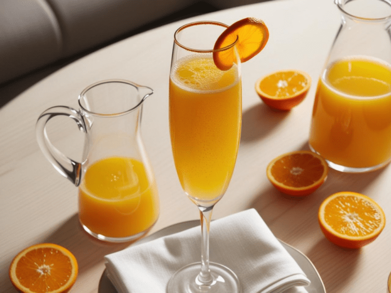 Mimosa served with orange slice on rim, surrounded by two pitchers of orange juice and halved oranges on a light wood table.