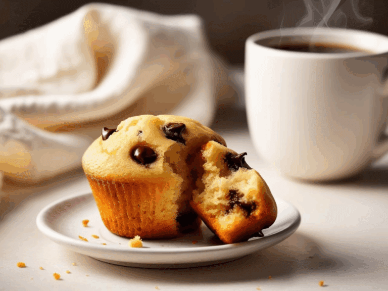 Chocolate chip muffin with a bite taken out next to a cup of coffee
