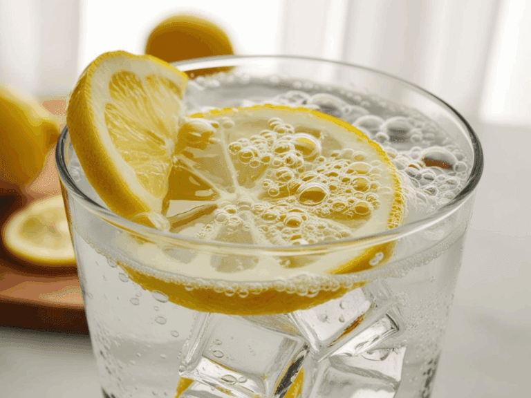 Glass of tonic water with lemon slice garnish and visible bubbles