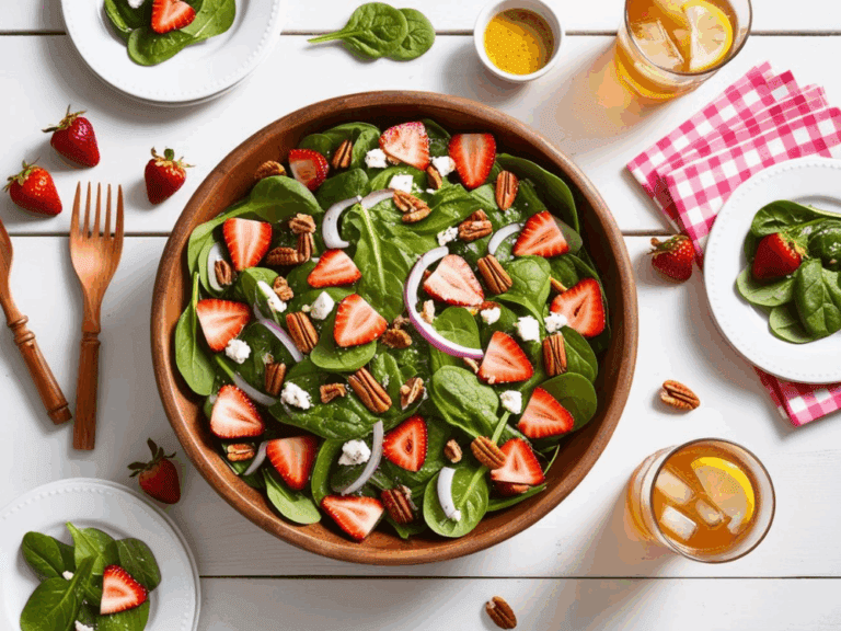 Picnic-style flat lay of strawberry spinach salad in a wooden bowl with iced tea, napkins, and salad plates.