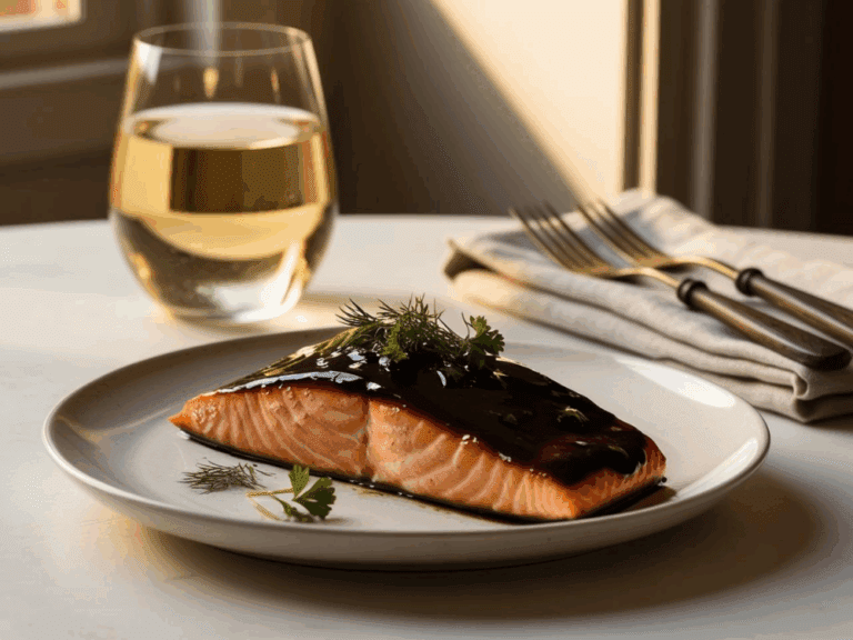 Close-up of salmon fillet topped with balsamic glaze and herbs, with a wine glass in the background