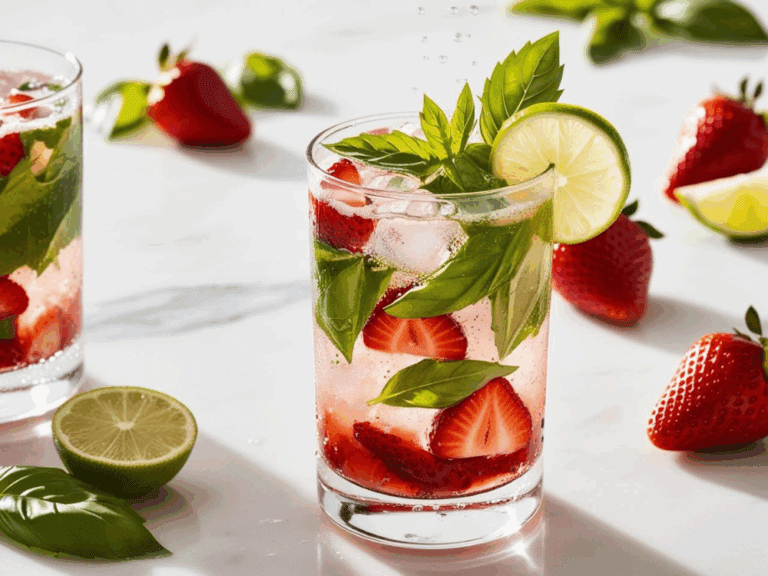 Close-up of a strawberry basil mojito in a clear glass with lime and basil on a marble surface.