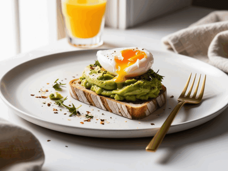 Poached egg with runny yolk on whipped avocado toast with herbs and a gold fork