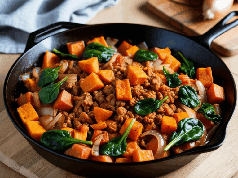 Close-up side angle of a skillet filled with cooked ground turkey, sweet potatoes, spinach, and onions with a light wood background.