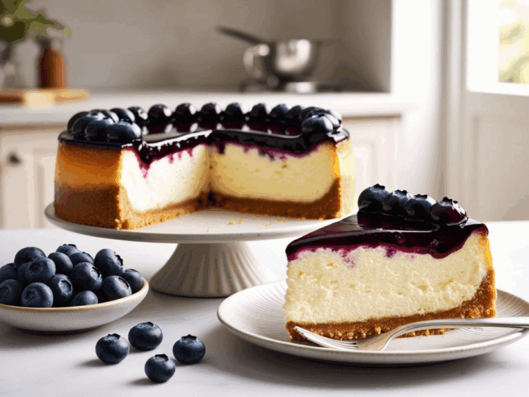 Cheesecake on a pedestal cake stand with a single slice on a plate beside it, bathed in natural daylight near a kitchen window.