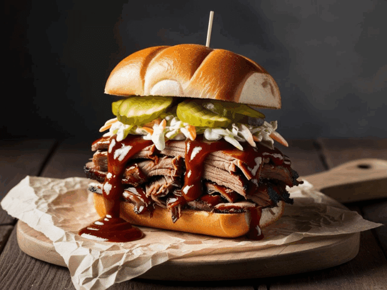 A stacked brisket sandwich with barbecue sauce, pickles, and coleslaw on a brioche bun.