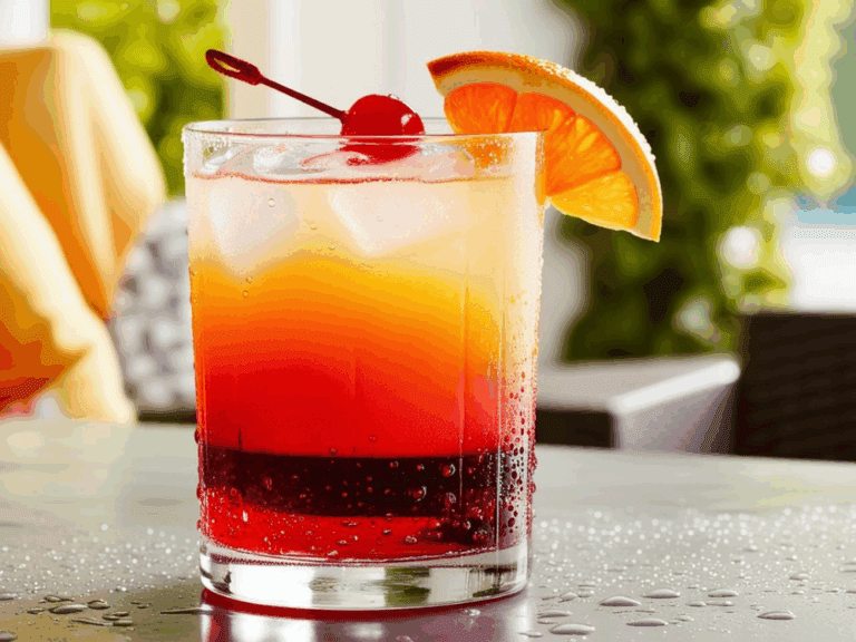 Tequila Sunrise with ice cubes, orange and cherry garnish, and layered colors on a sunny patio table.