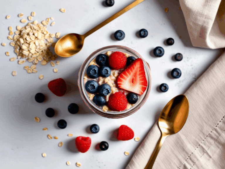 A jar of berry overnight oats layered with strawberries, blueberries, and yogurt on a wooden tray beside a mug of coffee and flowers near a sunny window.