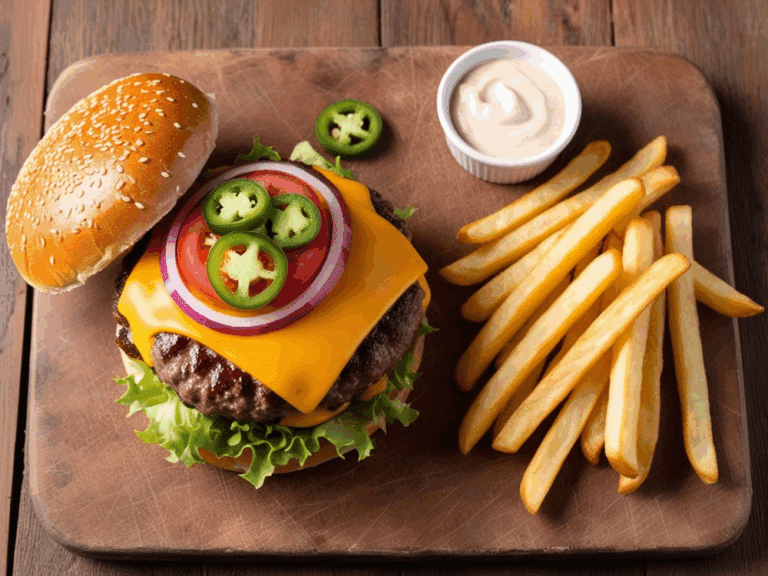 Open-faced spicy jalapeño cheeseburger on a cutting board with fries and dipping sauce.