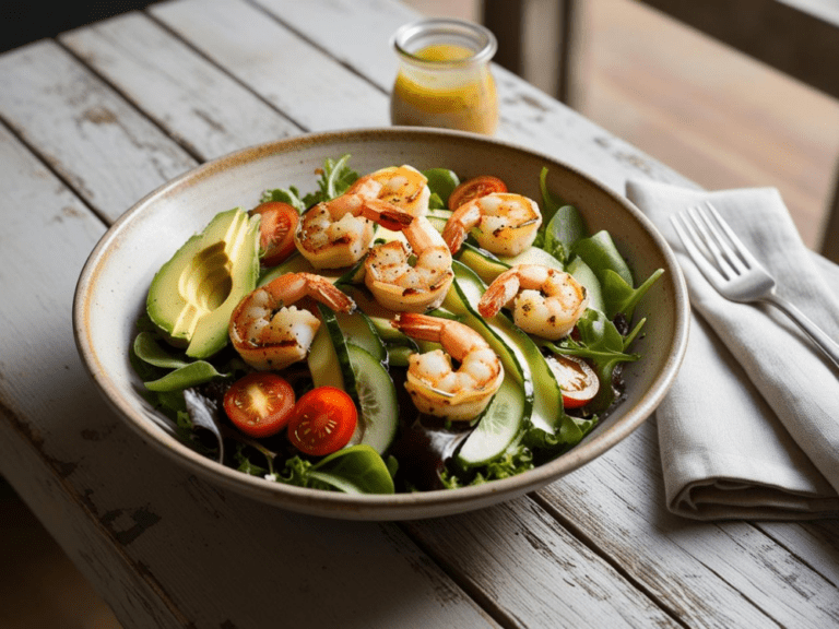 Grilled shrimp salad on a rustic wooden table, served with avocado, cucumbers, and lemon vinaigrette.