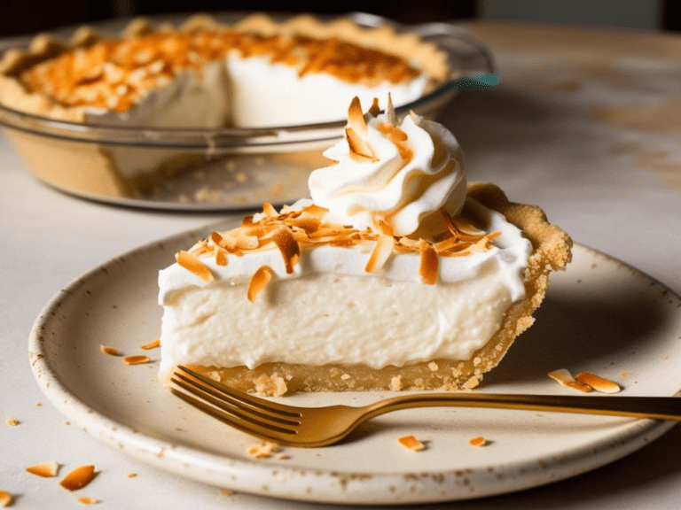 A close-up of a slice of coconut cream pie on a speckled plate, with toasted coconut on top.