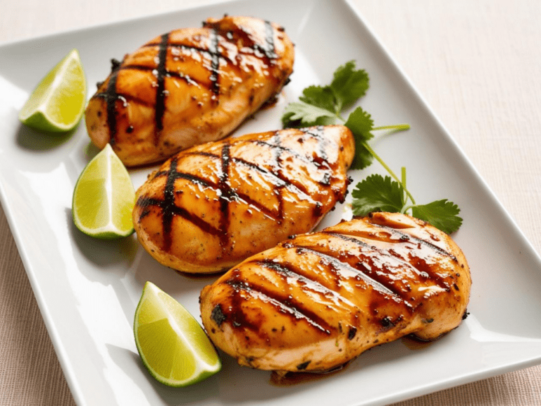 Close-up side angle of grilled margarita chicken breasts sliced to reveal juicy inside