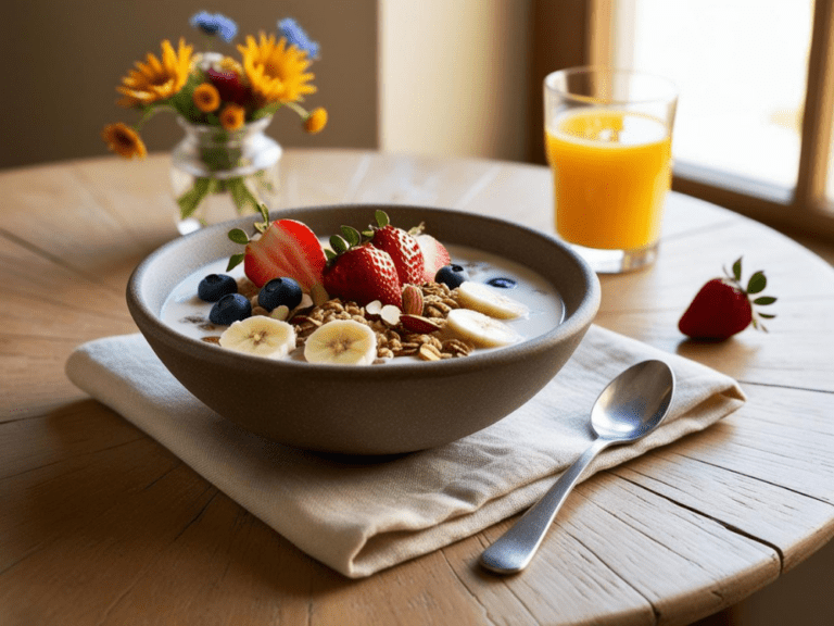 Side-angle view of muesli bowl topped with banana slices, strawberries, blueberries, and raisins