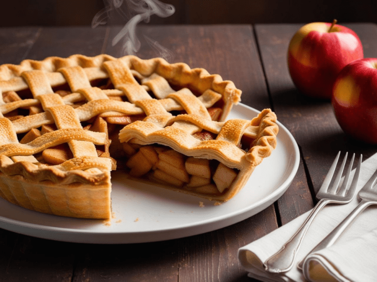 A slice being served from a lattice-crust apple pie on a white plate with silver forks.