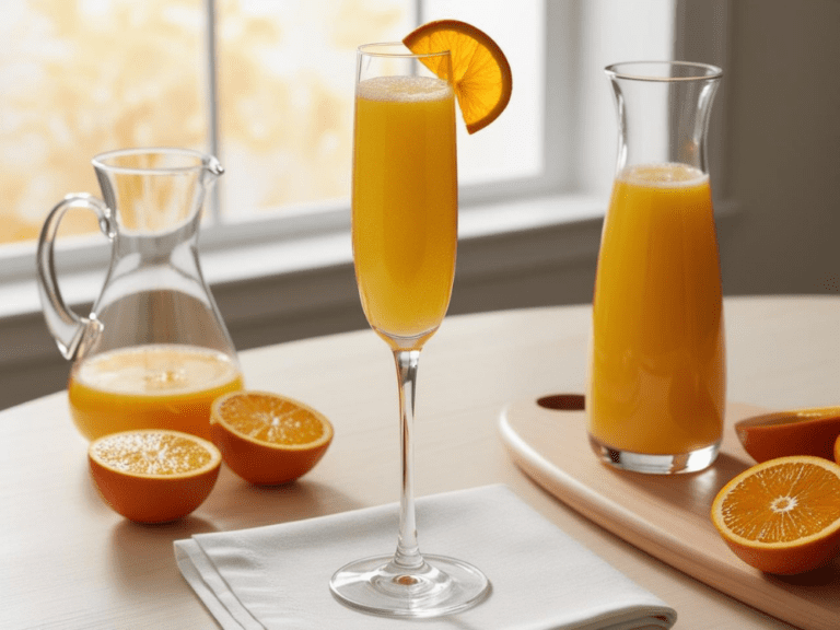 Tall mimosa with orange garnish and napkin, set between two carafes of orange juice and halved oranges on a light table by a window.