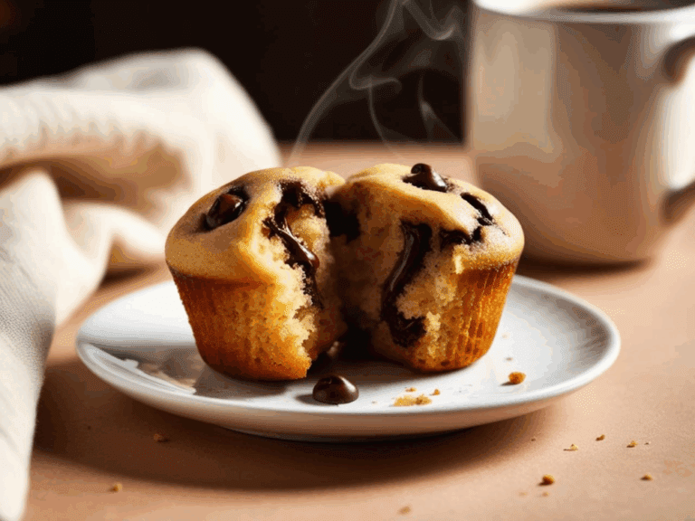 Chocolate chip muffin split open with melty chocolate and steam