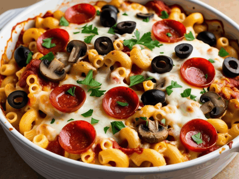 Close-up of melted cheese and toppings on pizza mac and cheese in a white baking dish.