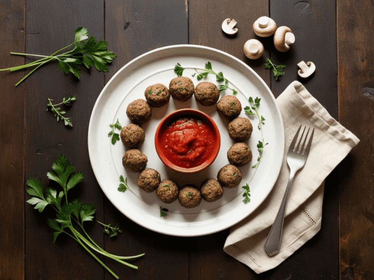 Overhead view of mushroom meatballs arranged in a circle with marinara