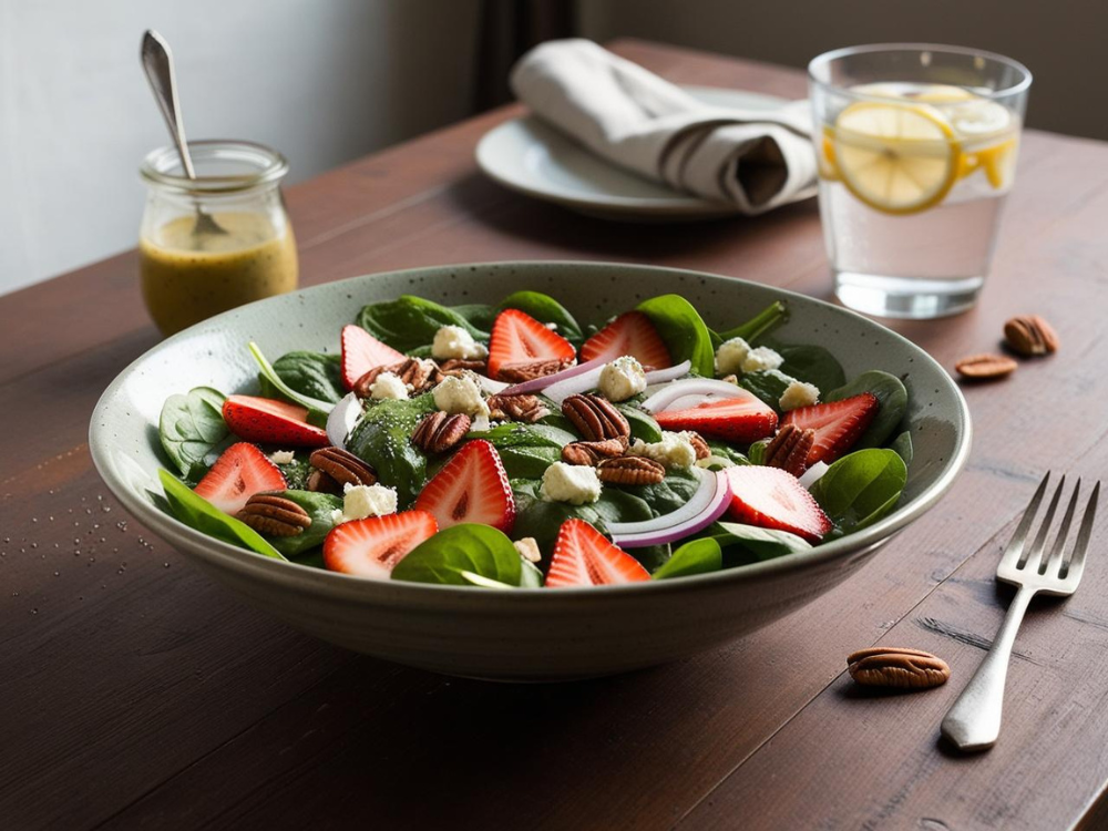 Side view of a strawberry spinach salad on a wooden table with lemon water and a jar of dressing in the background.