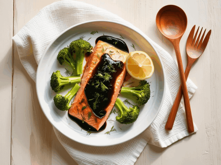 Top-down view of balsamic glazed salmon with broccoli and lemon on a plate, styled with wooden utensils