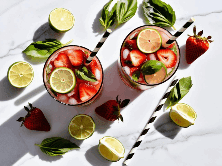 Overhead view of two mojito glasses filled with strawberries, basil, lime slices, and striped straws on a marble surface.