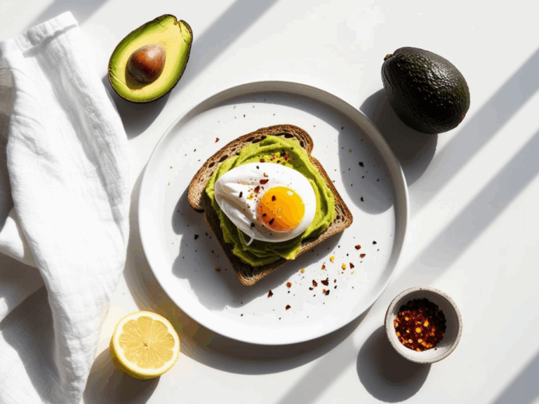 Overhead view of avocado toast with poached egg and red pepper flakes surrounded by lemon and avocado
