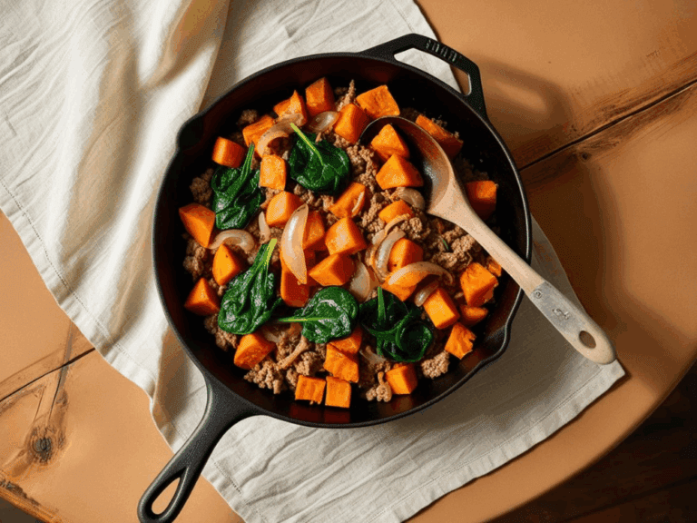Overhead flat-lay of ground turkey, spinach, sweet potatoes, and onions in a black skillet with a wooden spoon on a beige cloth.