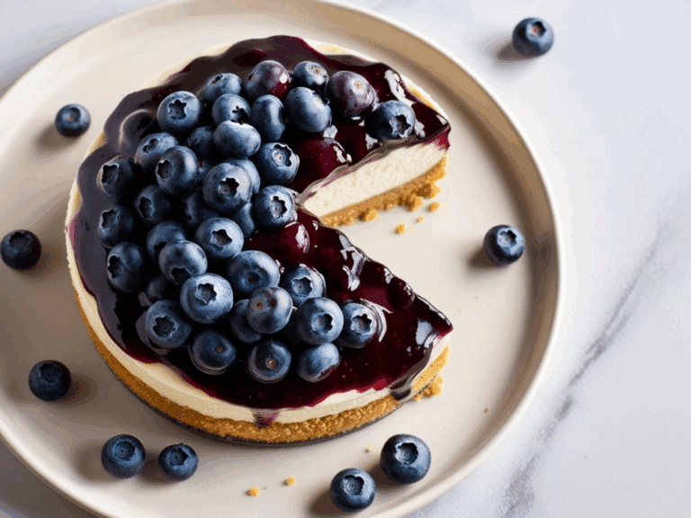 Overhead shot of a blueberry cheesecake with one slice missing, topped generously with fresh blueberries and glossy compote.