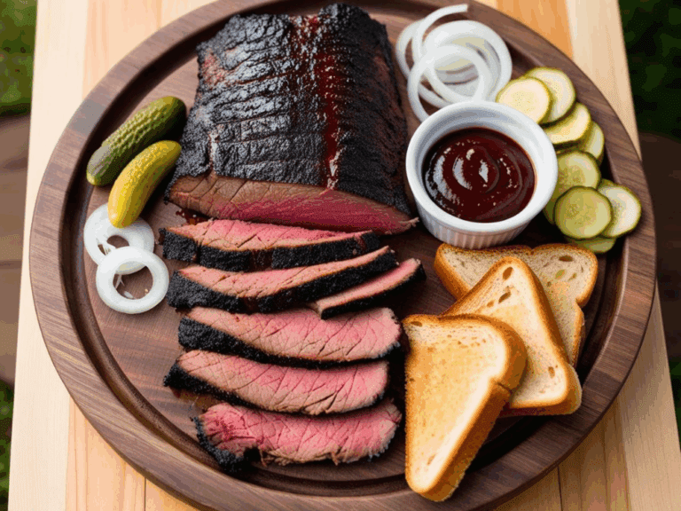 A BBQ plate with sliced brisket, pickles, onions, toast, and BBQ sauce.