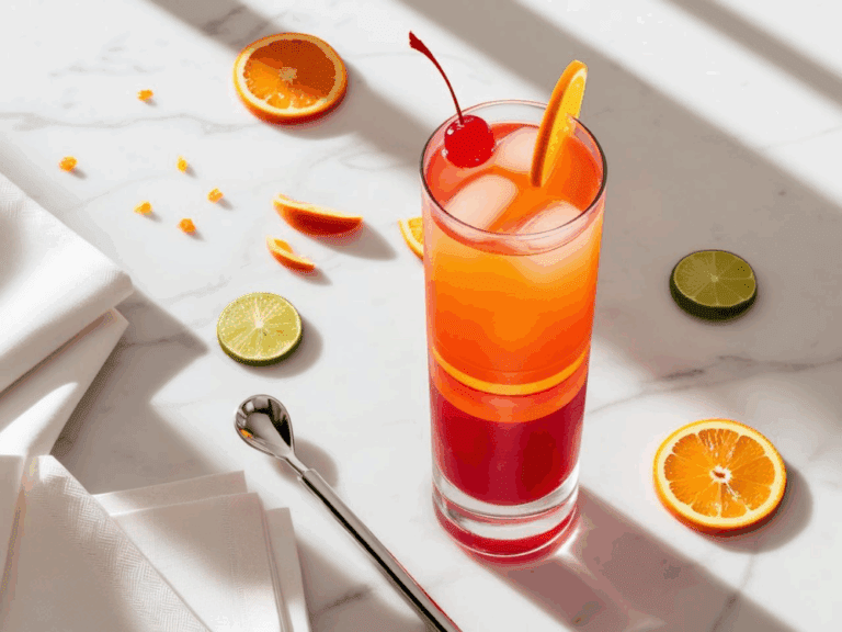 Overhead view of a Tequila Sunrise surrounded by citrus slices and bar tools on a white marble surface.