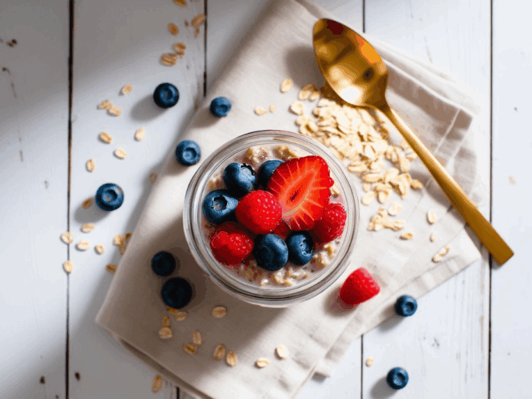A jar of berry overnight oats with layers of fruit and yogurt on a round wooden tray, surrounded by coffee, wildflowers, and a linen napkin.A jar of berry overnight oats with layers of fruit and yogurt on a round wooden tray, surrounded by coffee, wildflowers, and a linen napkin.