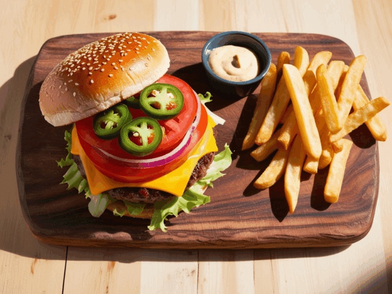 Open-faced spicy jalapeño cheeseburger on a wooden board with fries and dipping sauce in bright sunlight.