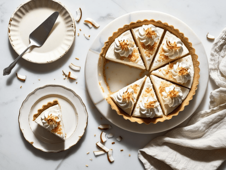 A full coconut cream pie sliced into eight pieces, served on a white marble surface with scattered coconut flakes.