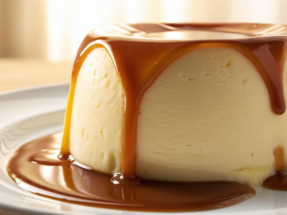 A close-up of a creamy flan with caramel sauce flowing over its surface.