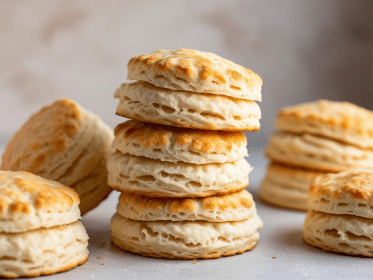 Several stacks of buttermilk biscuits with golden tops and flaky layers on a neutral surface