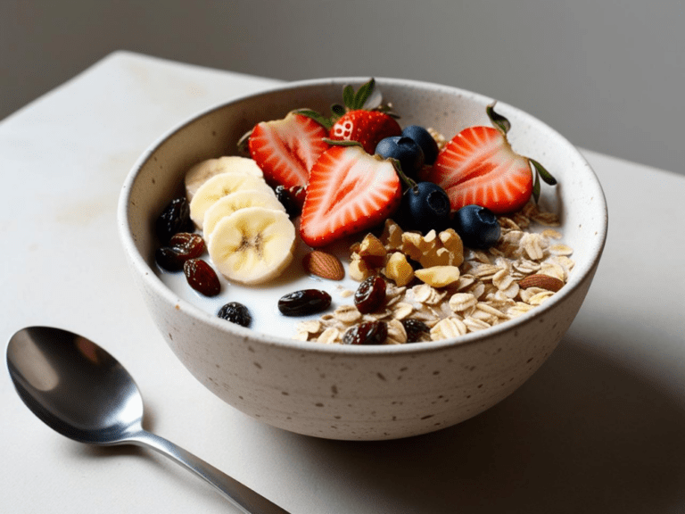 Muesli bowl near a window, topped with banana slices, strawberries, raisins, and nuts