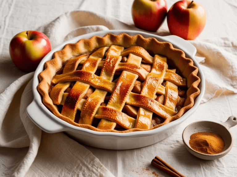 Classic apple pie with a slightly glossy crust in a white dish, surrounded by apples and cinnamon.