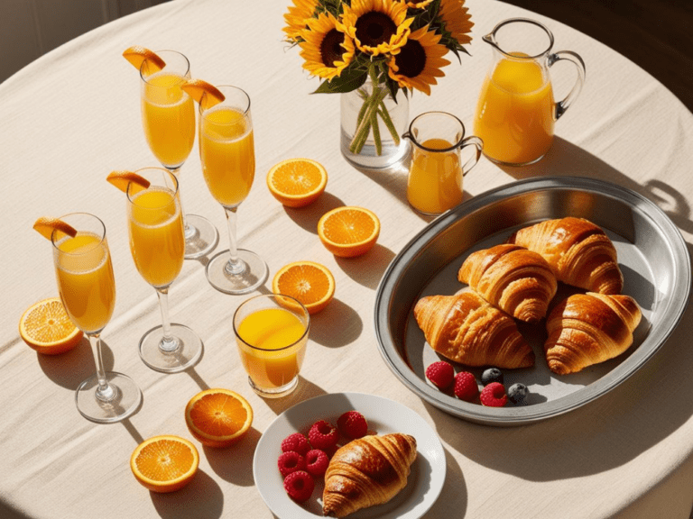 Brunch table set with multiple mimosas, halved oranges, pitchers of juice, croissants, berries, and a bouquet of sunflowers.