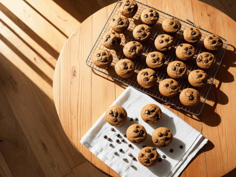 Muffins cooling on a wire rack with sunlight streaming through a window