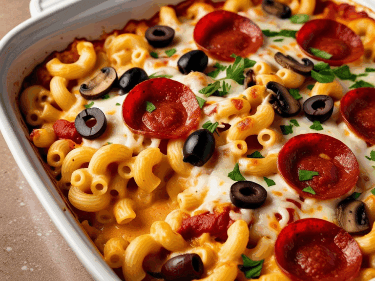 Partial view of pizza mac and cheese showing creamy interior and toppings like pepperoni, olives, and parsley.