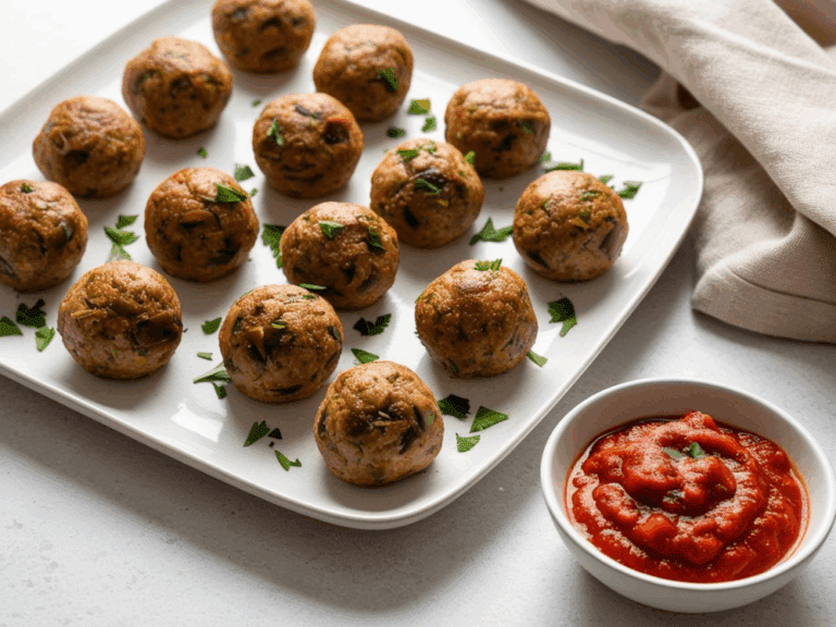 Vegetarian meatballs on a square white plate with marinara and herbs
