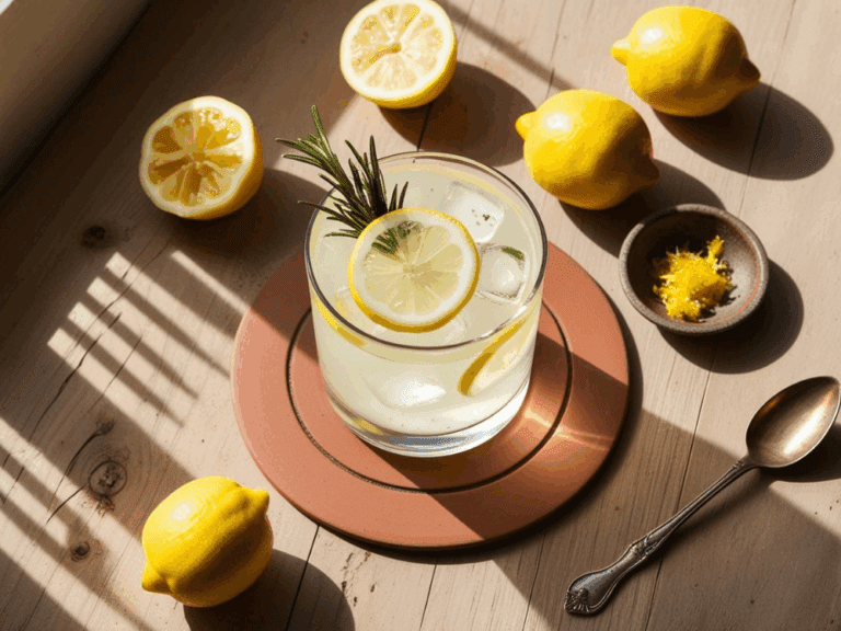 Bitter lemon tonic with rosemary and lemon, surrounded by fresh ingredients