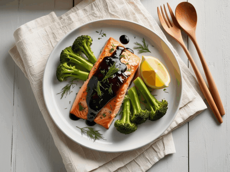 Top-down image of balsamic salmon with broccoli and lemon on a plate, white wooden background