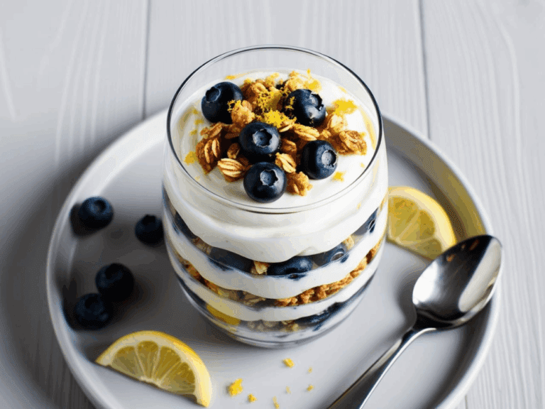 Tall parfait glass filled with alternating layers of yogurt, granola, and blueberries on a round plate.