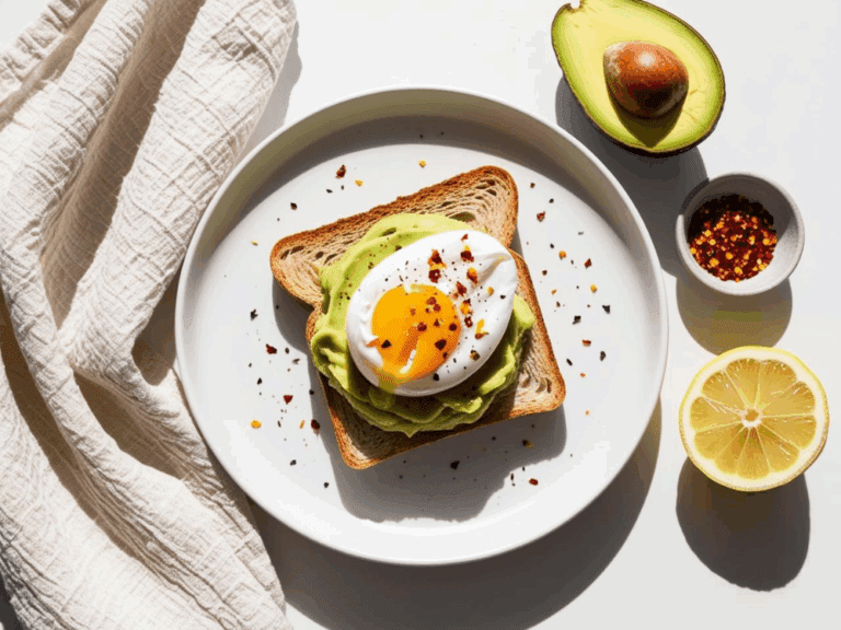 Poached egg on avocado toast with lemon, avocado, and chili flakes on a white background