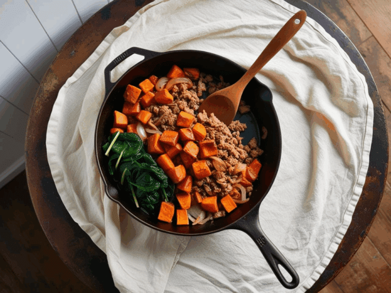 Overhead view of a skillet with separated sections of ground turkey, sweet potatoes, spinach, and sautéed onions on a rustic wooden table.