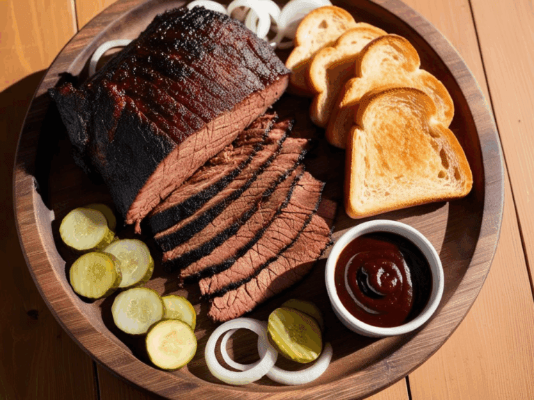A close-up of a BBQ brisket platter with toast, onions, pickles, and sauce.