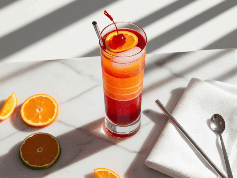 Tequila Sunrise with a metal straw and cherry floating on top, surrounded by citrus slices on a marble counter.