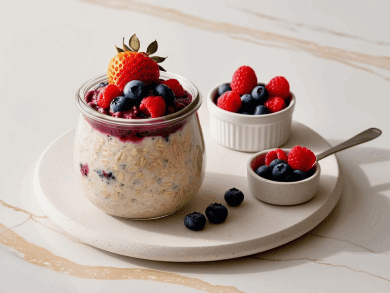 Overhead view of a mason jar filled with berry overnight oats, surrounded by oats, berries, golden spoons, and a tan napkin.